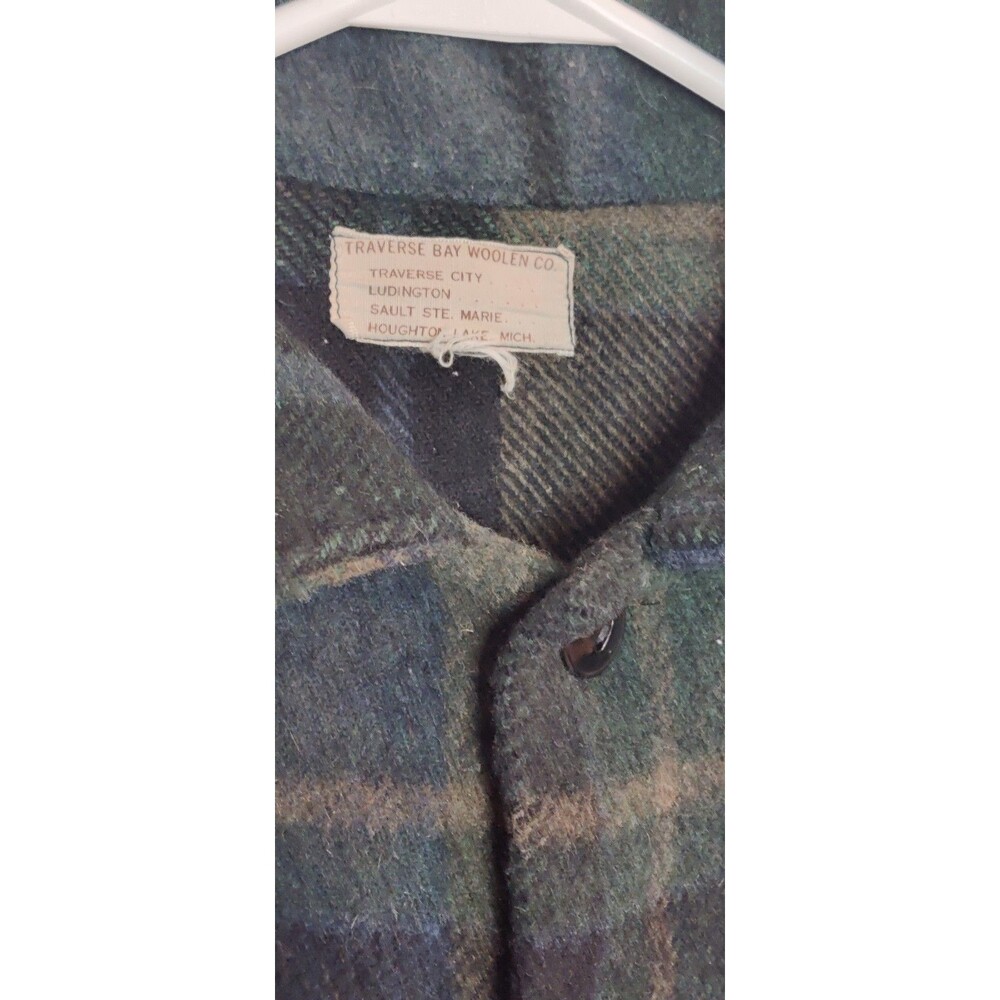 Vintage Traverse Bay Woolen Company Wool Flannel Shirt Green Blue Color 40s 50s - Picture 8 of 15